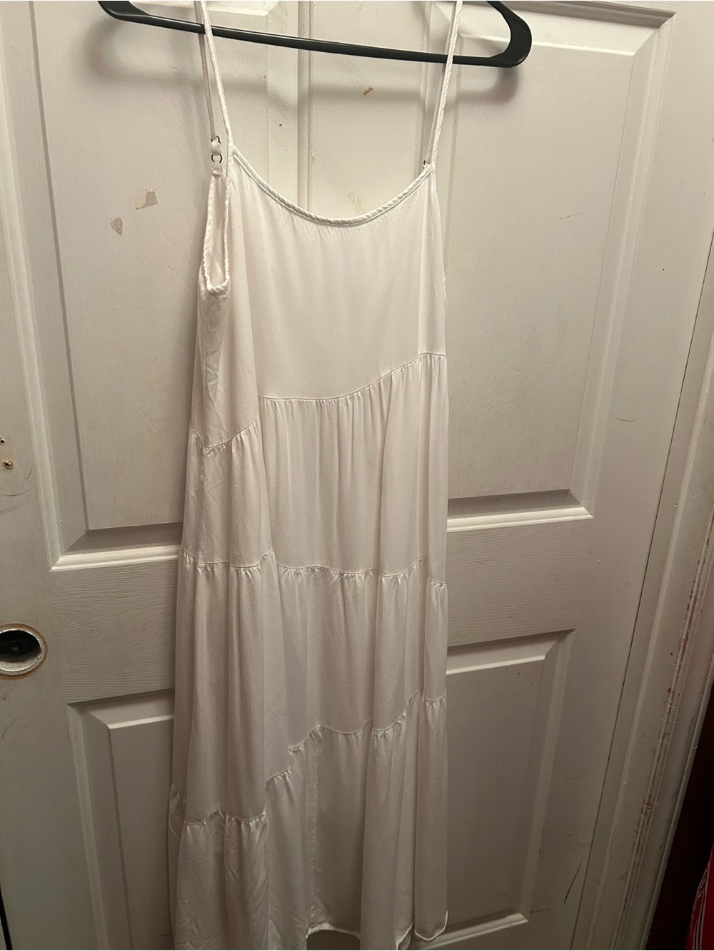 Women's White Tiered Maxi Dress with Spaghetti Straps